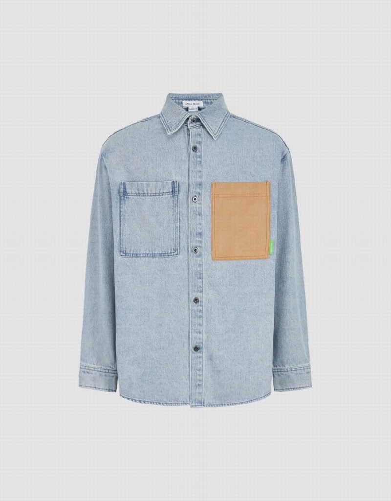 Urban Revivo Loose Denim Men's Shirts Blue | JTQ926AM