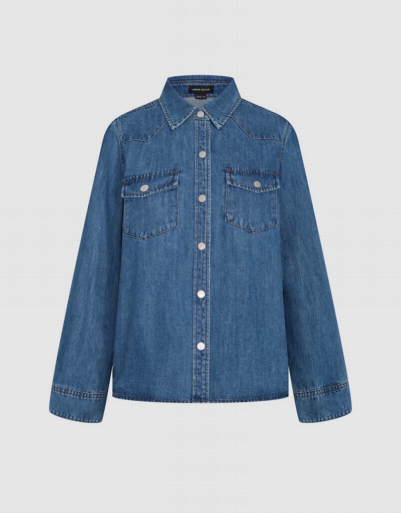 Urban Revivo Loose Denim With Pressed Buttons Women's Shirts Blue | XGX358RM