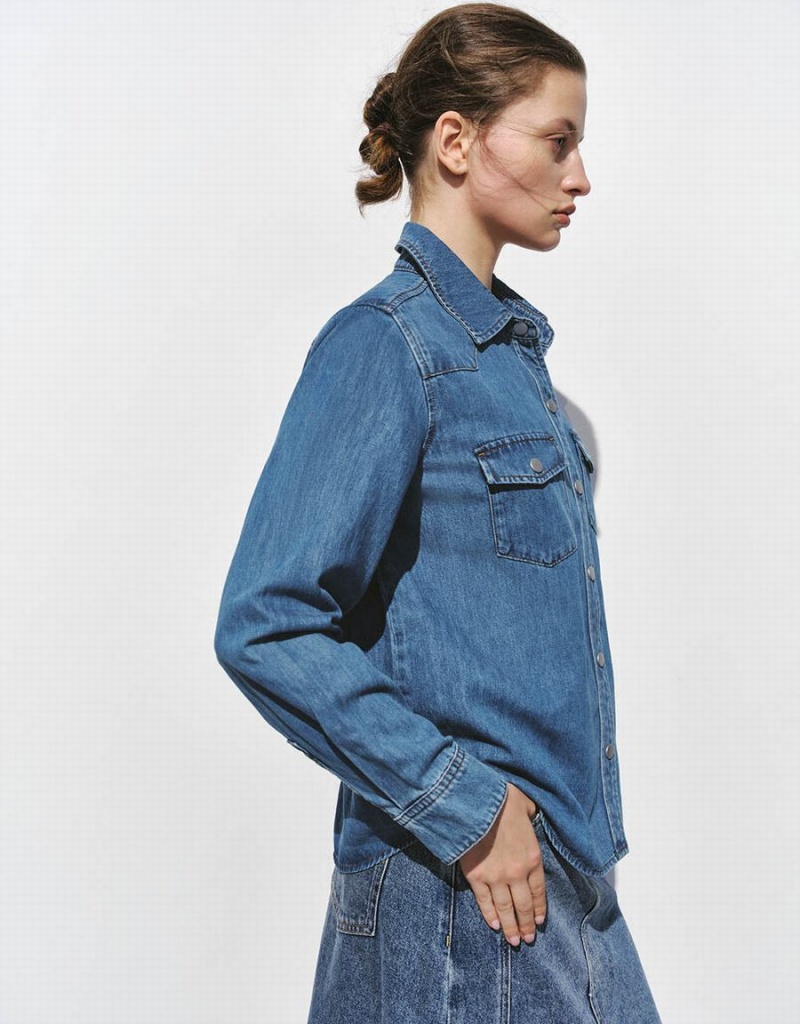 Urban Revivo Loose Denim With Pressed Buttons Women's Shirts Blue | XGX358RM