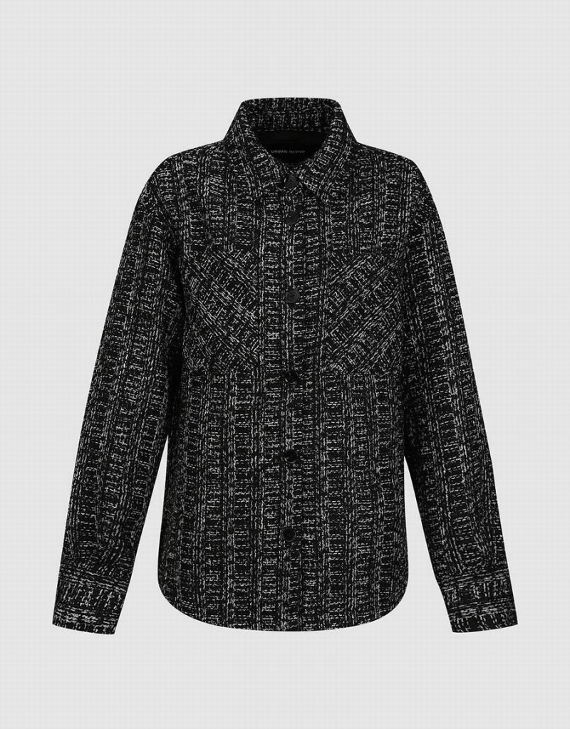 Urban Revivo Loose Straight Woolen Checkered Women's Coats Black | MQE6920WS