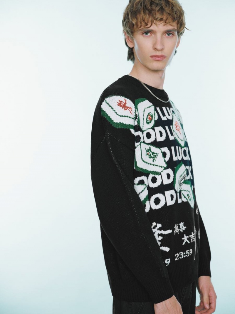 Urban Revivo Mahjong Embroidered Men's Sweaters Black | LDH6360WF