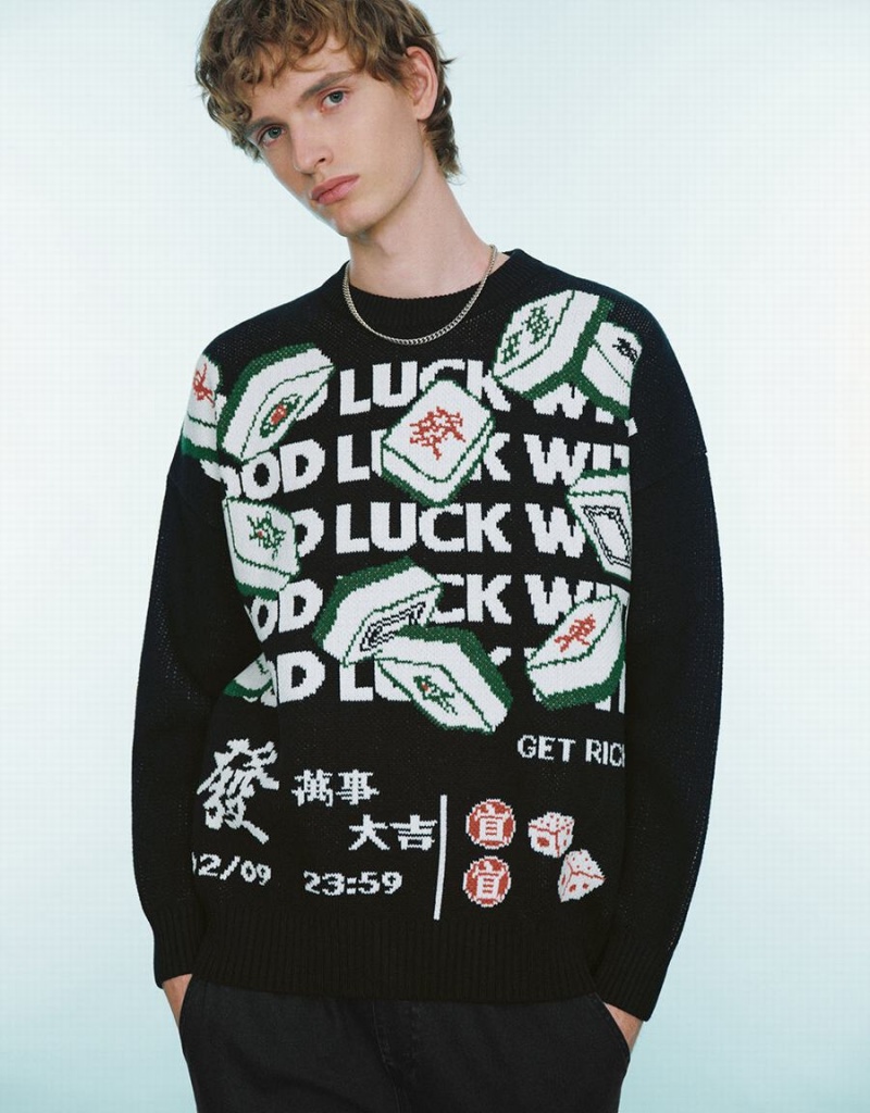 Urban Revivo Mahjong Embroidered Men\'s Sweaters Black | LDH6360WF