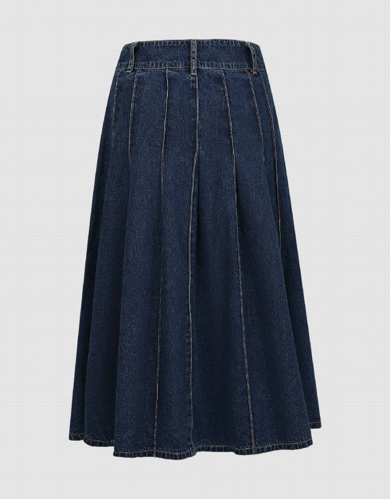 Urban Revivo Midi A-Line Denim With Belt Women's Skirts Blue | KDX9569QS