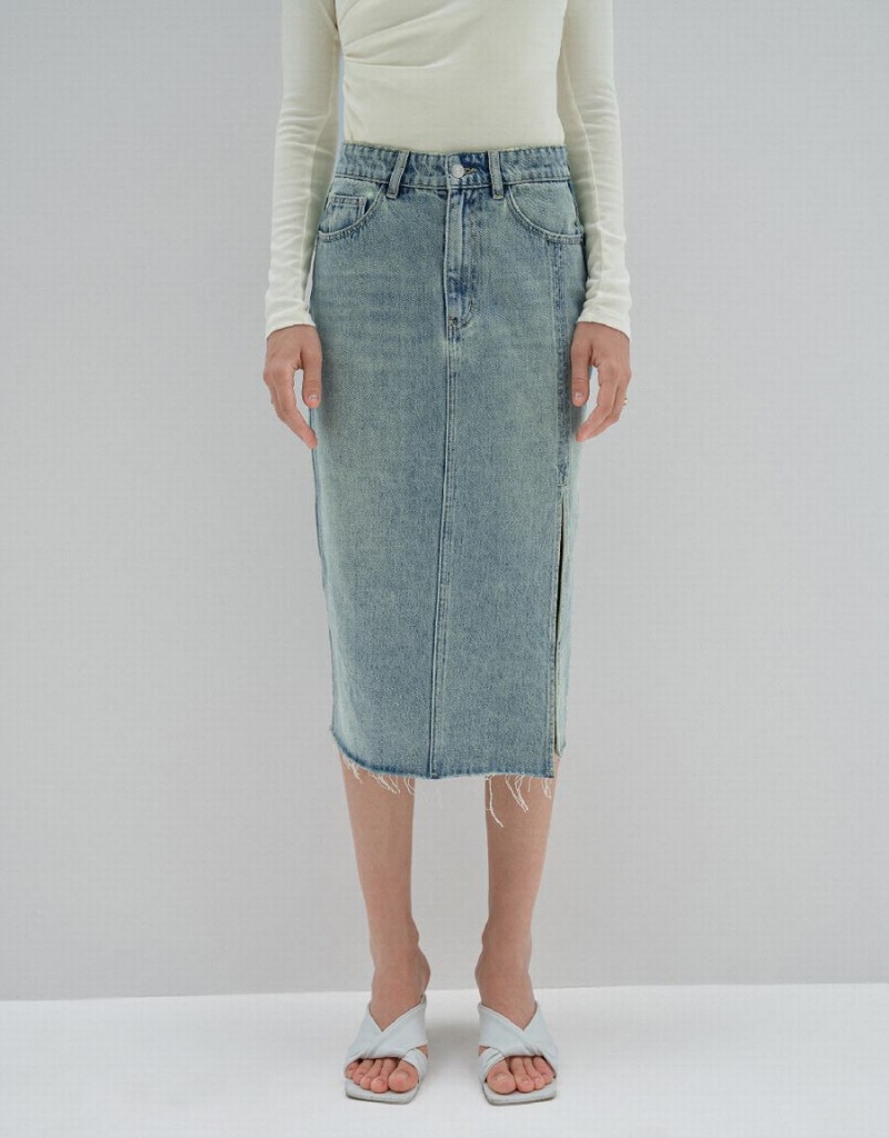 Urban Revivo Midi Straight Denim Women's Skirts Blue | CUW2316JC