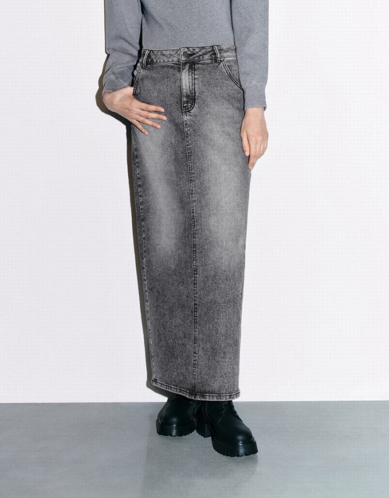 Urban Revivo Midi Straight Denim Women's Skirts Light Grey | CLK2561DZ