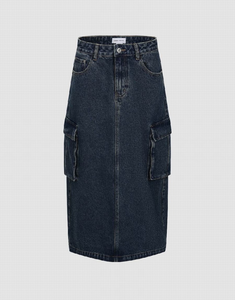 Urban Revivo Midi Straight Denim Women's Skirts Blue | UCJ9583UJ