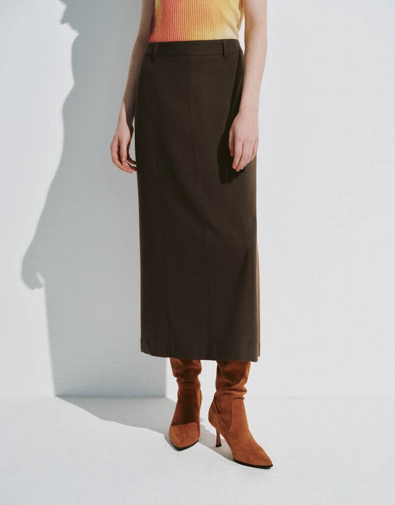 Urban Revivo Midi Straight Women's Skirts Brown Grey | YTU9411TF