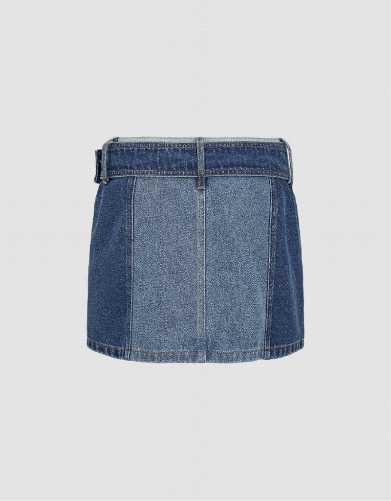 Urban Revivo Mini A-Line Denim With Belt Women's Skirts Blue | WZF7989KI