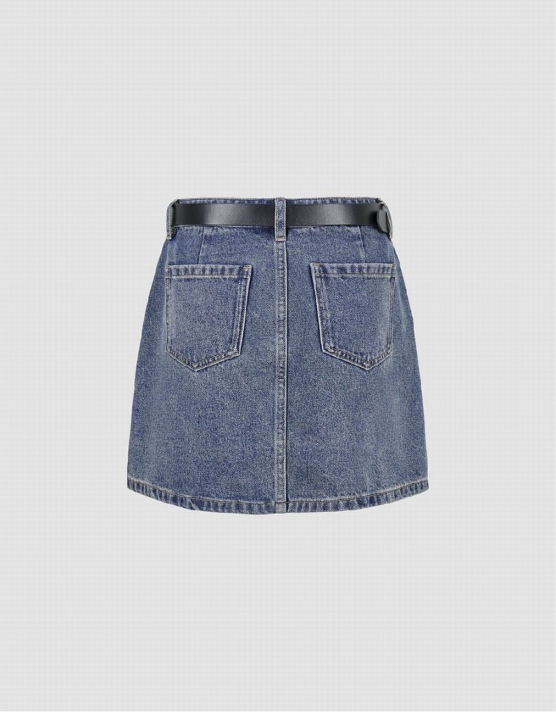 Urban Revivo Mini A-Line Denim With Belt Women's Skirts Blue | VIQ1394NQ