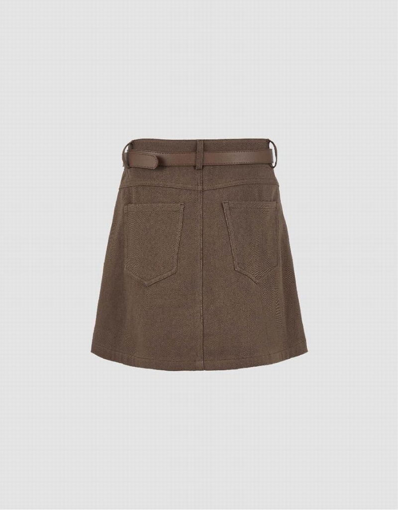 Urban Revivo Mini A-Line Denim With Belt Women's Skirts Dark Brown | VSQ65YG