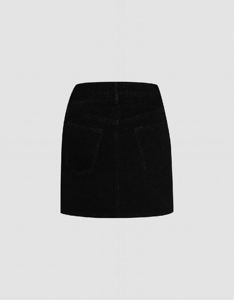 Urban Revivo Monogram Straight Mini Denim Women's Skirts Black | AAM3889CT