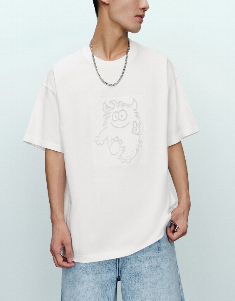 Urban Revivo Monster Printed Crew Neck Men's T Shirts White | PFT1058OD