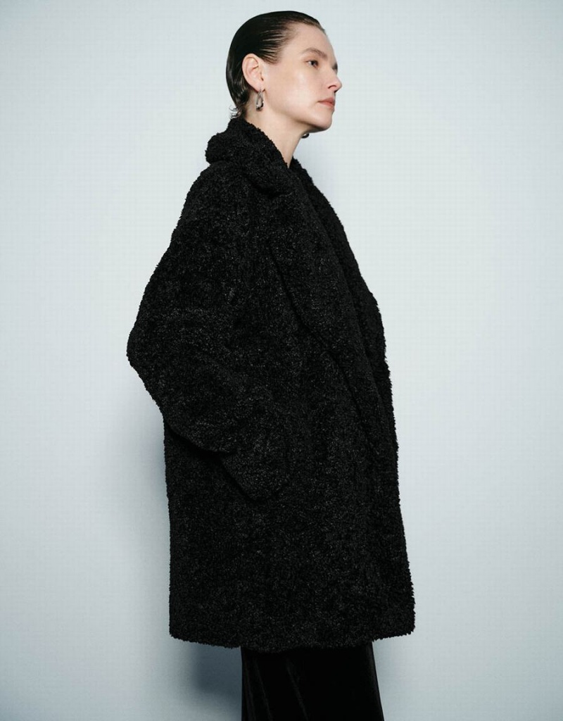 Urban Revivo Notch Lapel Longline Furry Women's Coats Black | SLV7087JT