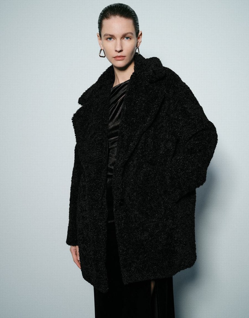 Urban Revivo Notch Lapel Longline Furry Women\'s Coats Black | SLV7087JT