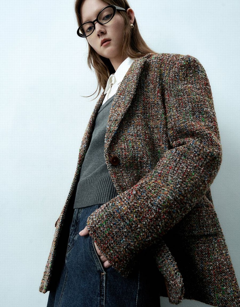 Urban Revivo Notch Lapel Tweed Women's Blazers Brown Multicolor | UEU8550TT