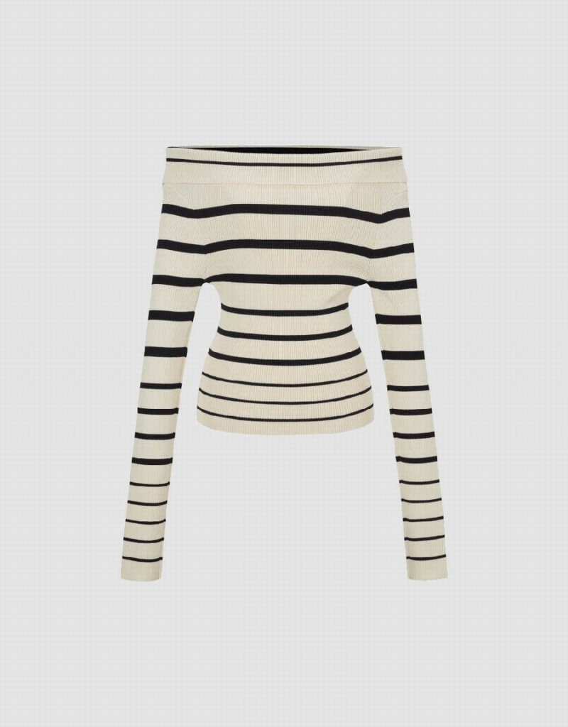 Urban Revivo Off-Shoulder Striped Knitted Women's Cardigan Black | KDF679KF