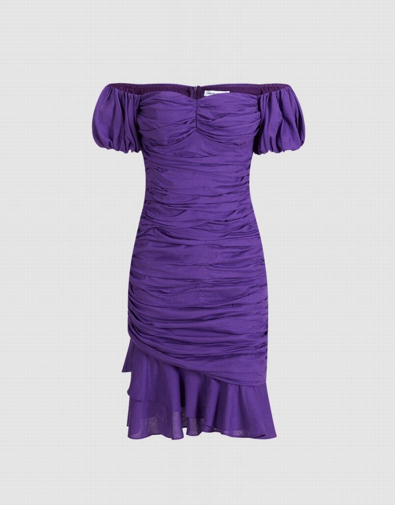 Urban Revivo Off Shoulder Ruched Ruffle Hem Women's Dress Purple | XSQ514LN