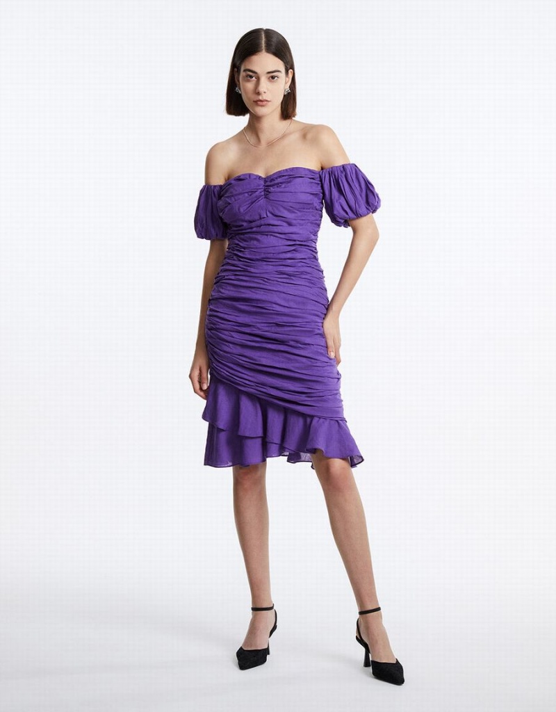 Urban Revivo Off Shoulder Ruched Ruffle Hem Women's Dress Purple | XSQ514LN