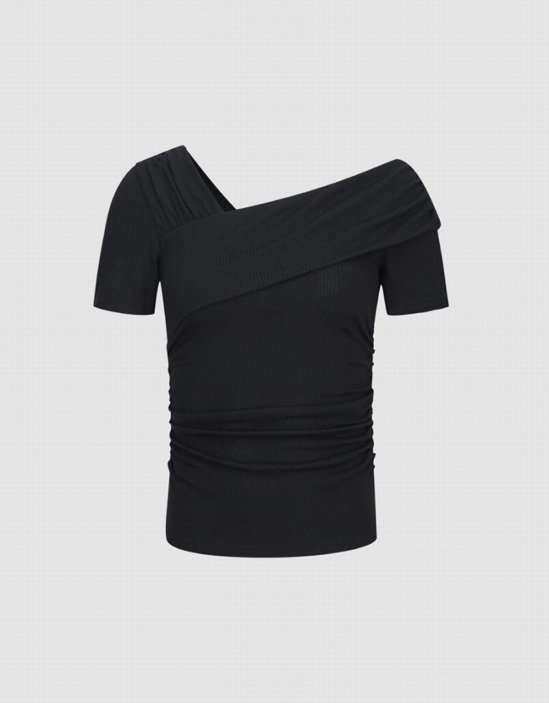 Urban Revivo One Shoulder Skinny Women's T Shirts Black | SHU4155QD