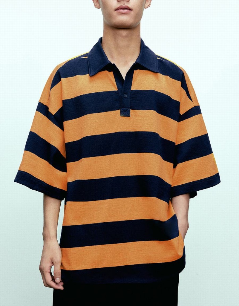 Urban Revivo Oversized Striped Men's Polo Shirts Orange | UJH2792DB