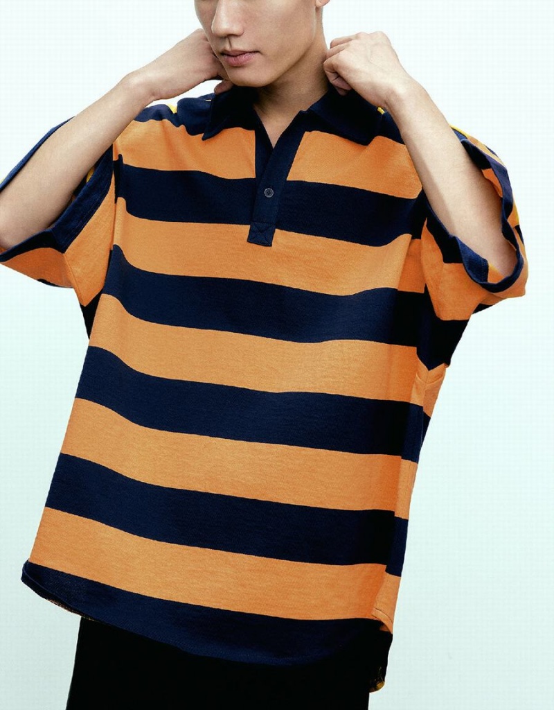 Urban Revivo Oversized Striped Men's Polo Shirts Orange | UJH2792DB