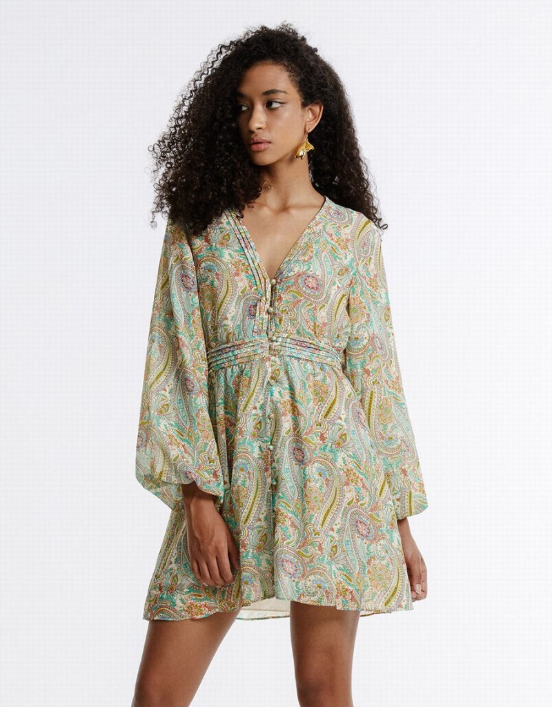 Urban Revivo Paisley Print Chiffon Women's Dress Green | CMI4715AY