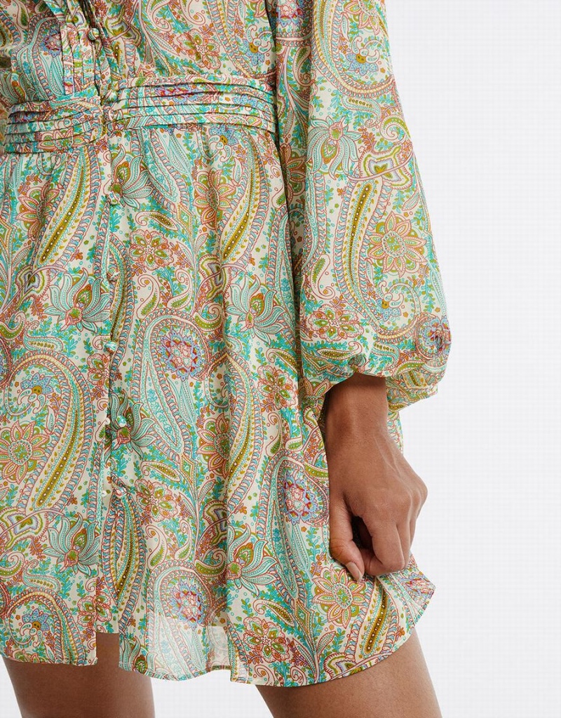 Urban Revivo Paisley Print Chiffon Women's Dress Green | CMI4715AY