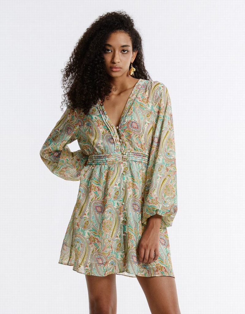 Urban Revivo Paisley Print Chiffon Women\'s Dress Green | CMI4715AY