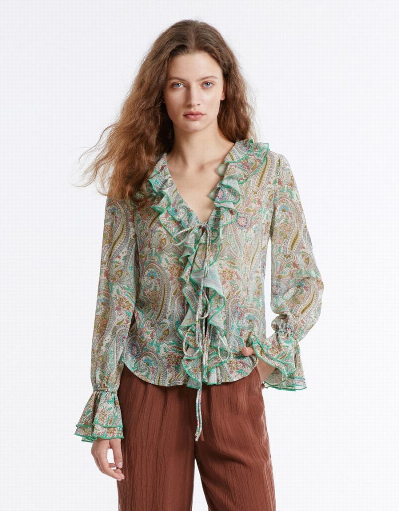 Urban Revivo Paisley Print Ruffled Women's Shirts Green | JBS9250FX