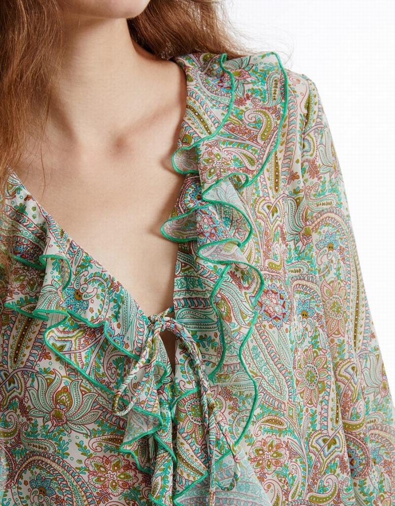 Urban Revivo Paisley Print Ruffled Women's Shirts Green | JBS9250FX