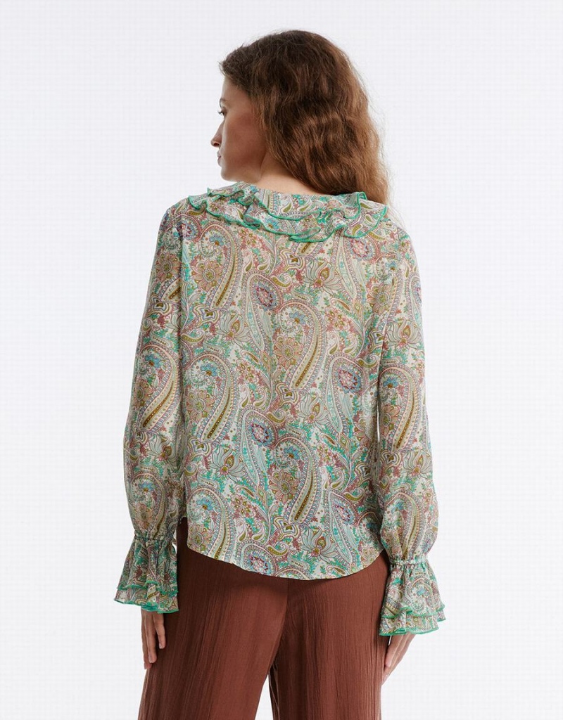 Urban Revivo Paisley Print Ruffled Women's Shirts Green | JBS9250FX