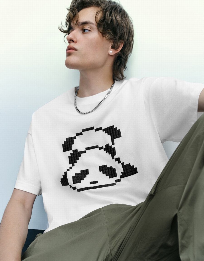 Urban Revivo Panda Printed Crew Neck Men's T Shirts White | UYL5696MN