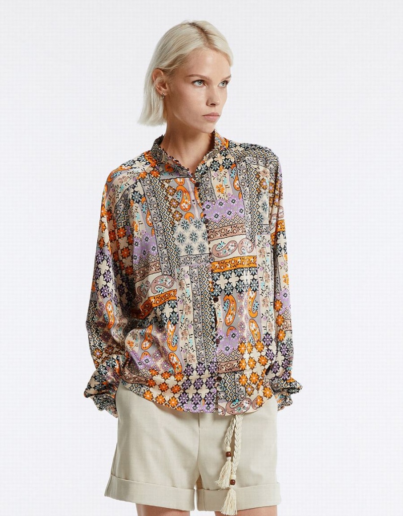 Urban Revivo Patchwork Print Satin Women's Shirts Multicolor | VEM166SU