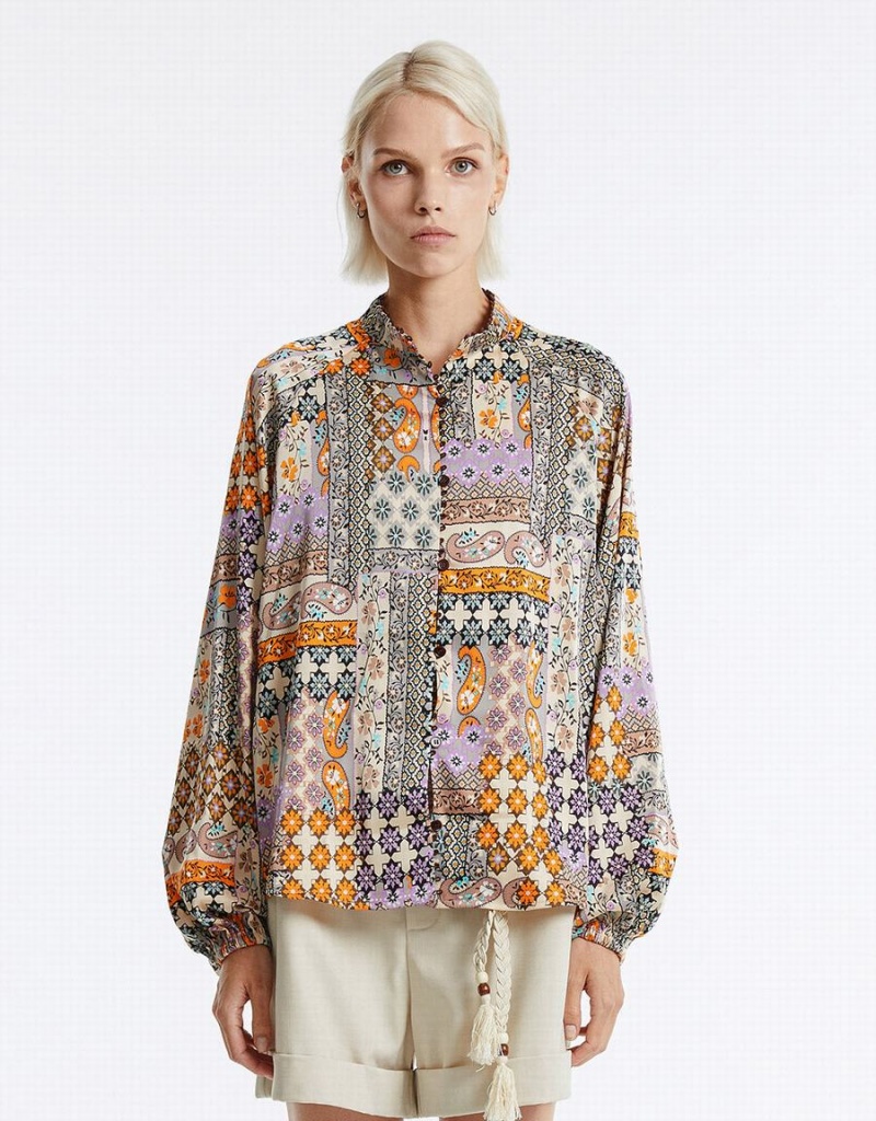 Urban Revivo Patchwork Print Satin Women's Shirts Multicolor | VEM166SU