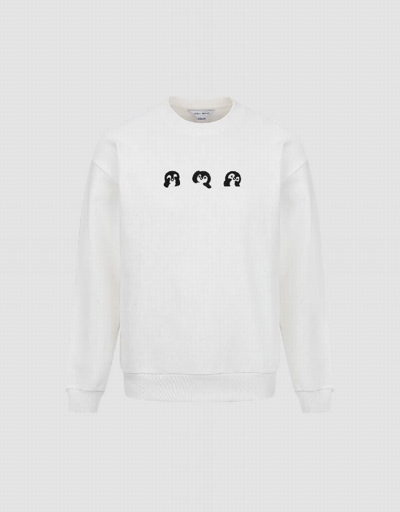 Urban Revivo Penguins Printed Crew Neck Men's Sweatshirts White | LSQ6675MX