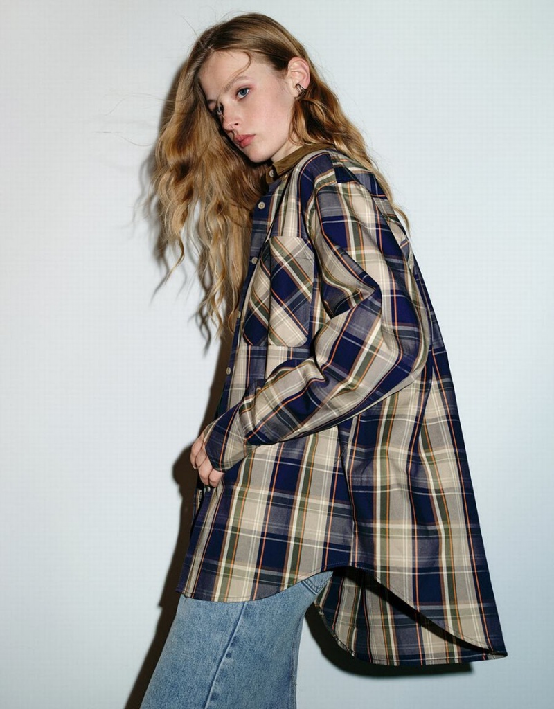 Urban Revivo Plaid A-Line Women's Shirts Brown | TSD618WR