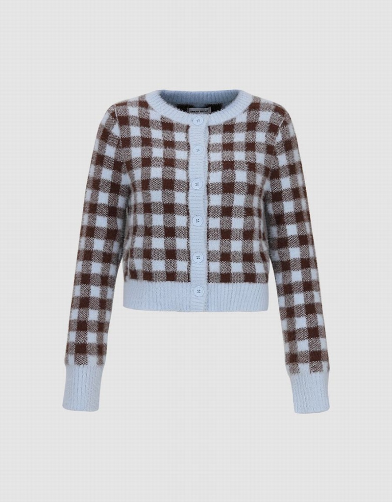 Urban Revivo Plaid Crew Neck Knitted Women's Cardigan Brown | ZJM6399ZH