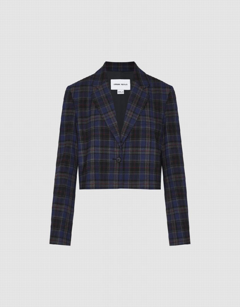 Urban Revivo Plaid Cropped Checkered Women's Blazers Blue | TKX267EK