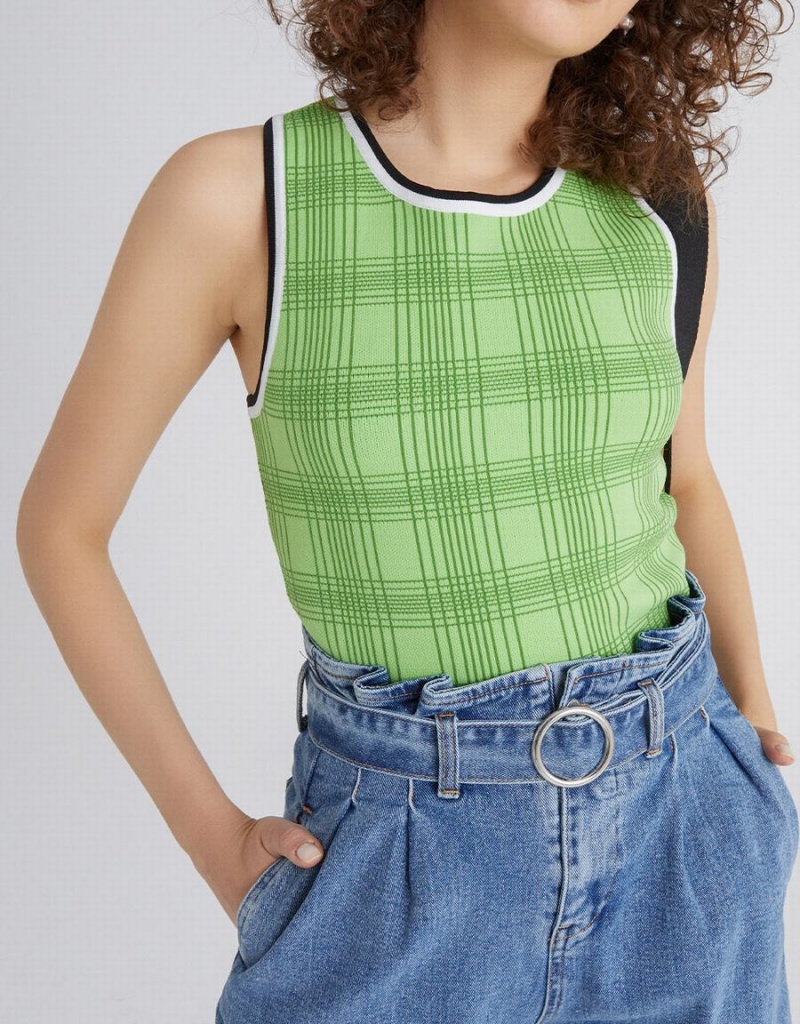 Urban Revivo Plaid Jacquard Knitted Women's Tank Top Green | FJE5854VR