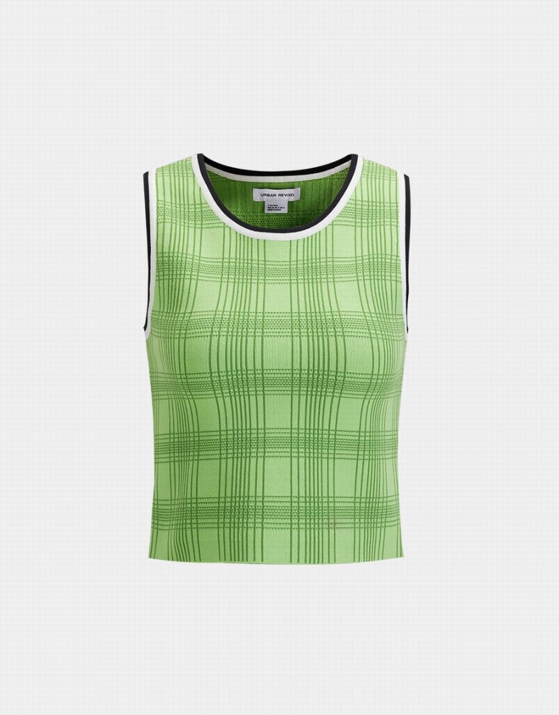 Urban Revivo Plaid Jacquard Knitted Women\'s Tank Top Green | FJE5854VR