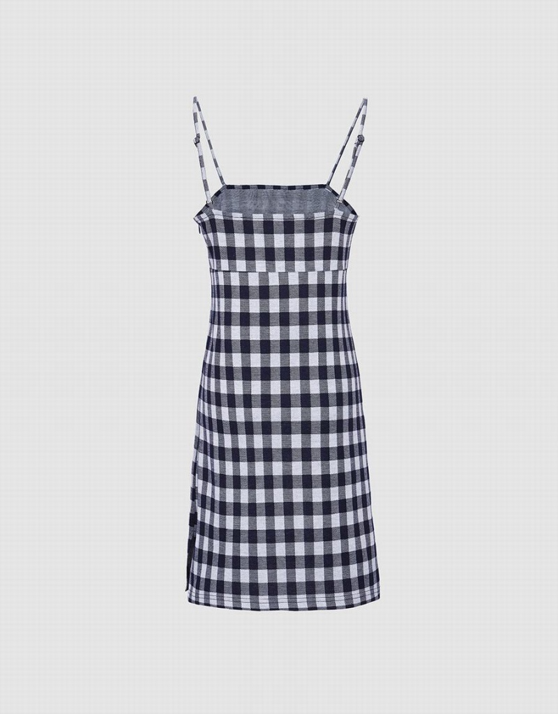 Urban Revivo Plaid Knitted Cami Checkered Women's Dress Blue | UAD2699WO