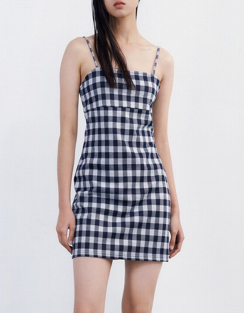 Urban Revivo Plaid Knitted Cami Checkered Women's Dress Blue | UAD2699WO