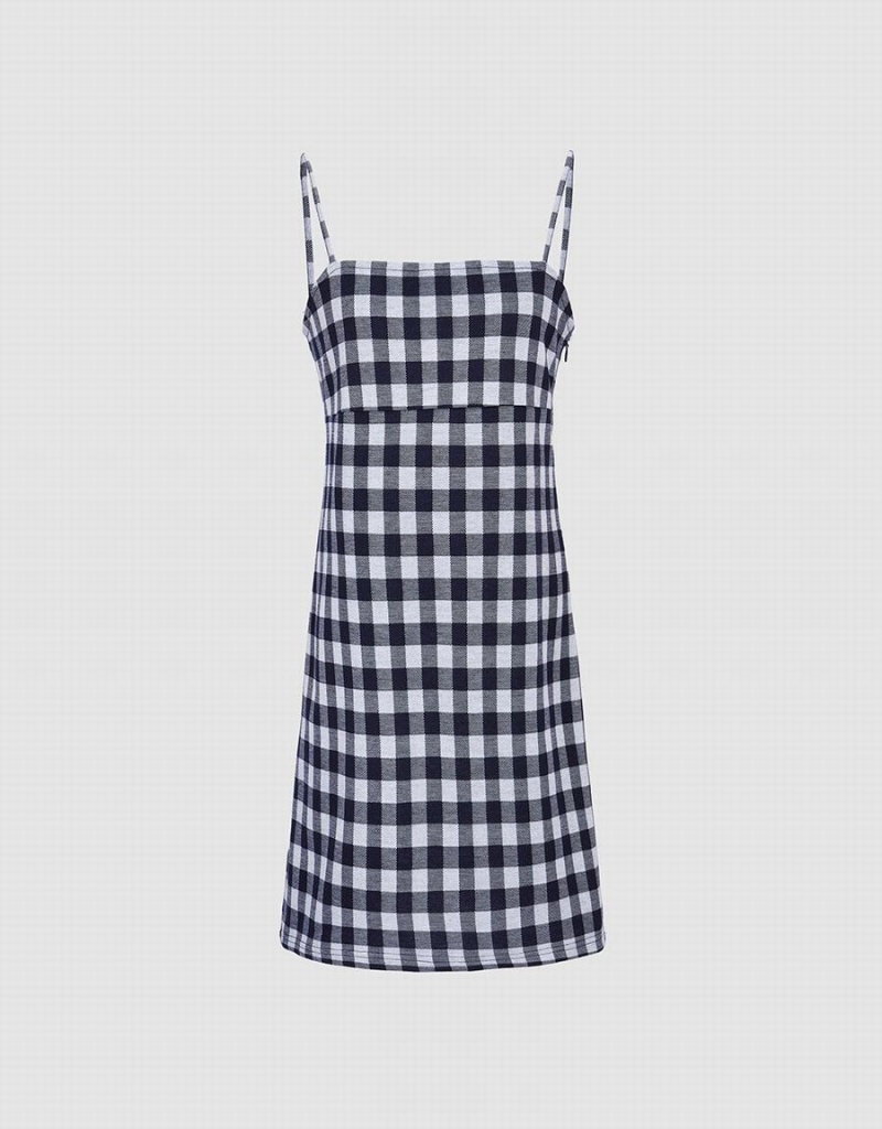 Urban Revivo Plaid Knitted Cami Checkered Women\'s Dress Blue | UAD2699WO