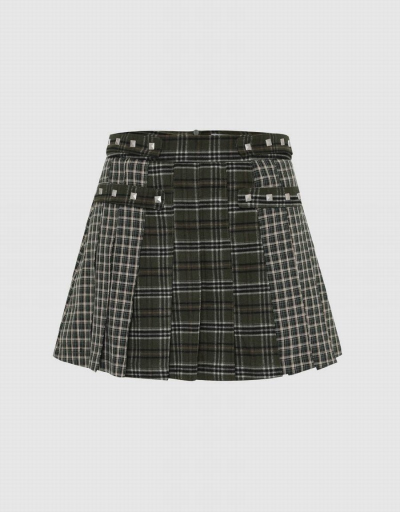 Urban Revivo Plaid Mini A-Line Women\'s Skirts Green | DPK7150UZ