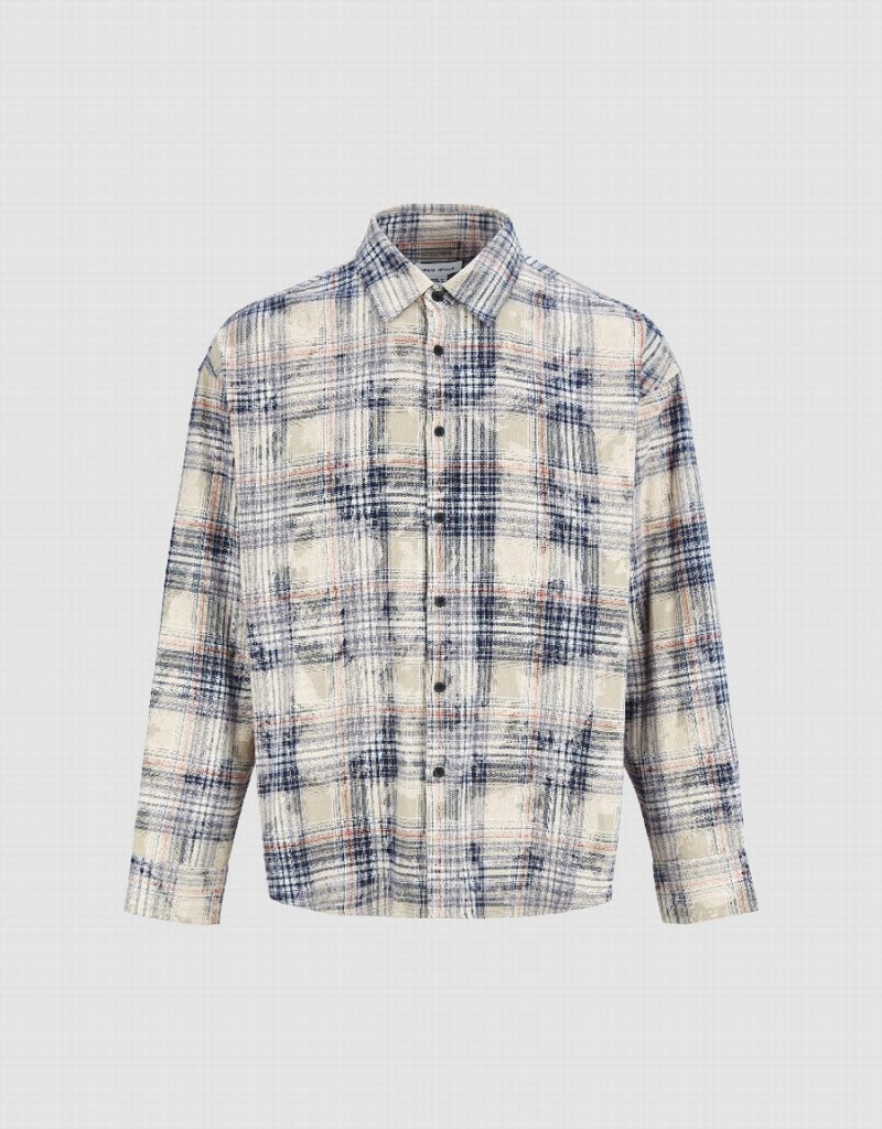 Urban Revivo Plaid Oversized Men's Shirts Khaki | PMW2341XN