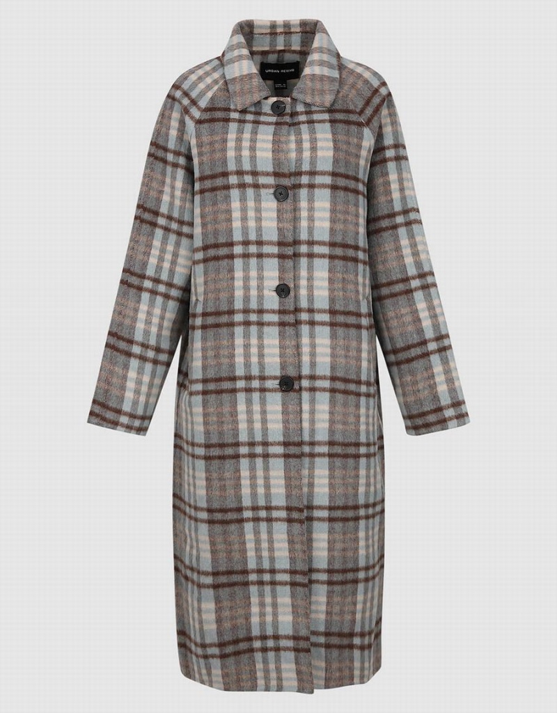 Urban Revivo Plaid Straight Checkered Women's Coats Blue | UNZ7917DW