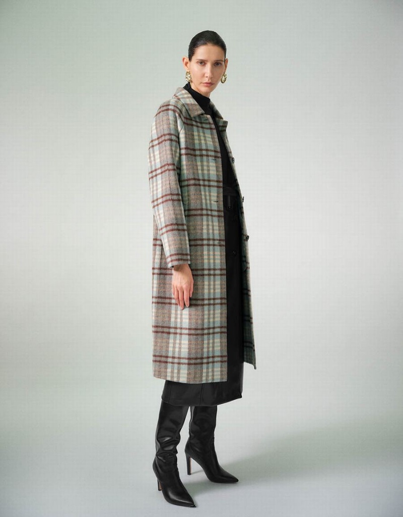 Urban Revivo Plaid Straight Checkered Women's Coats Blue | UNZ7917DW