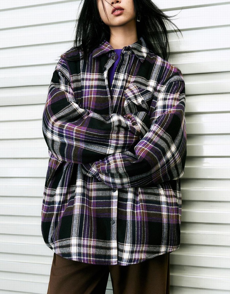 Urban Revivo Plaid Straight Women's Shirts Purple | XQQ6624WV