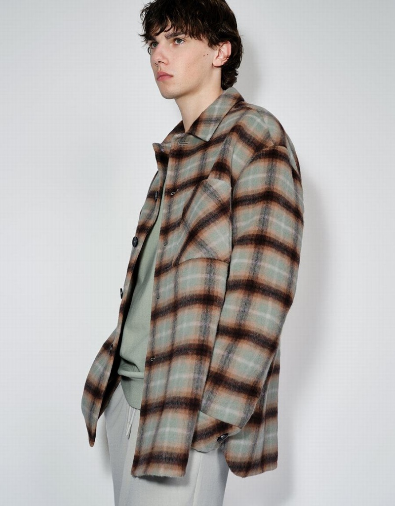 Urban Revivo Plaid Straight Woolen Men's Jackets Green | DSI8182TN