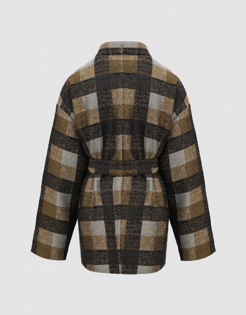 Urban Revivo Plaid With Belt Women's Down Jackets Khaki | KFT2582EQ